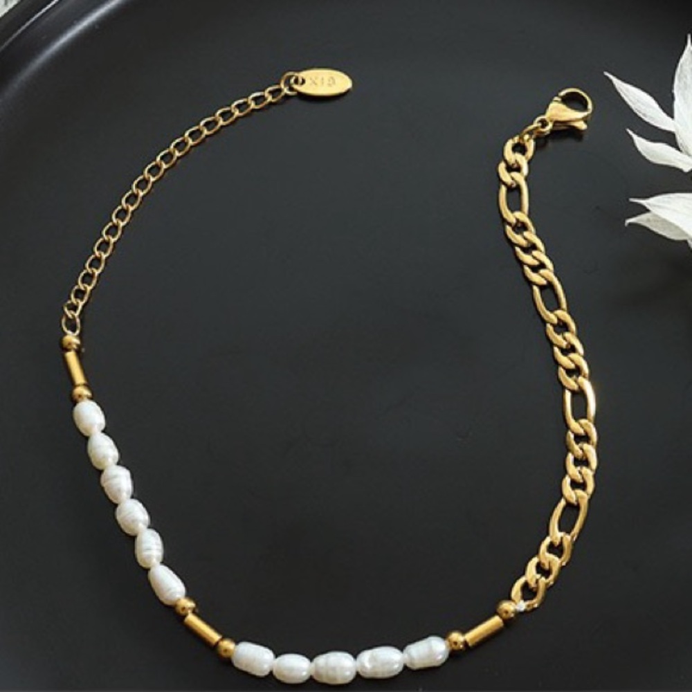18K Gold Plated Figaro Chain Bracelet*Freshwater Pearls Beaded Linked Chain*ML